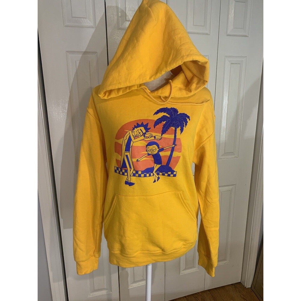Rick & Morty Palm Tree Beach theme Yellow Hoodie Unisex Sz Small Floral Sleeve